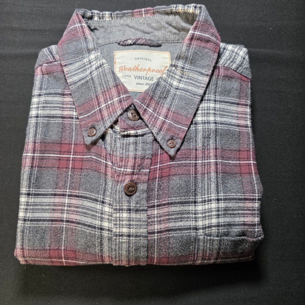 Weatherproof Vintage Mens Large Grey Burgundy Plaid Cotton Flannel Shirt